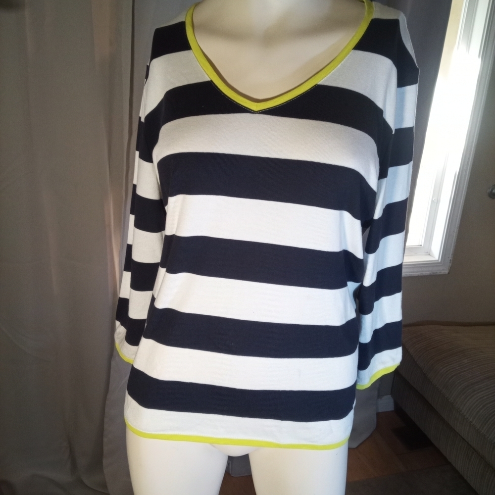 Striped V-Neck Top with Neon Accents